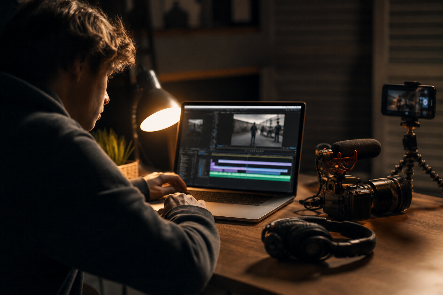 Night editing desk with camera and laptop