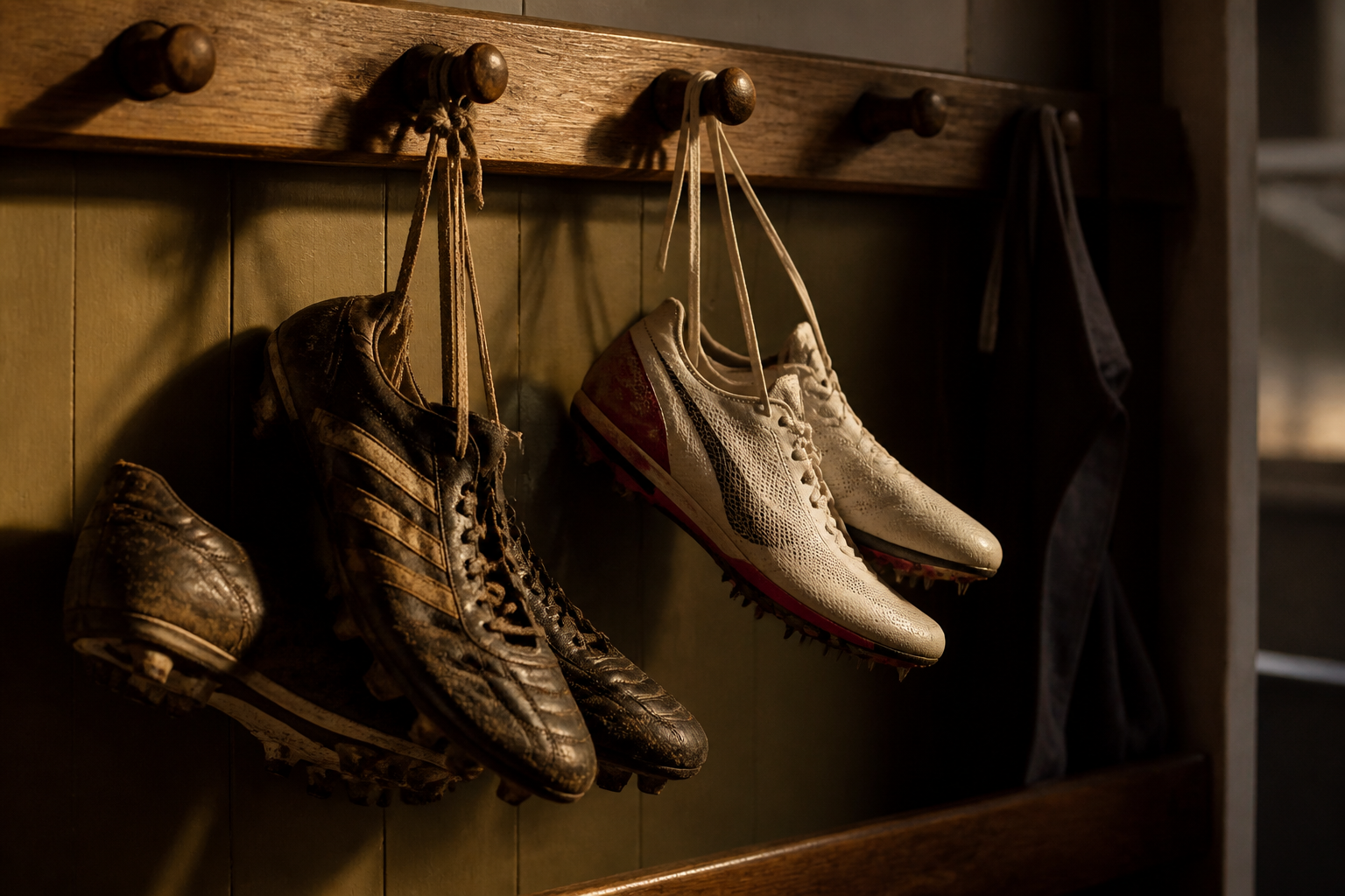 Football boots next to running spikes